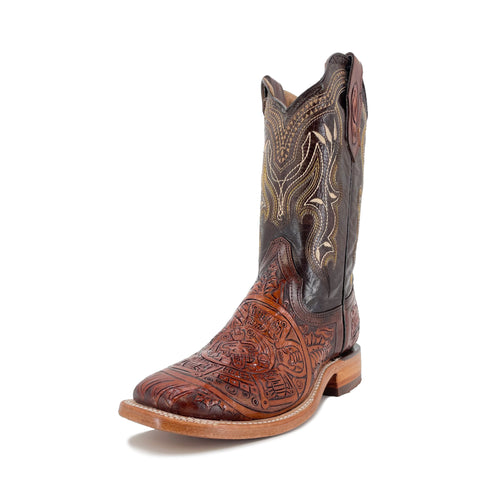 Men's Bulldog Hand Tooled Boots - Aztec Calendar Bitone