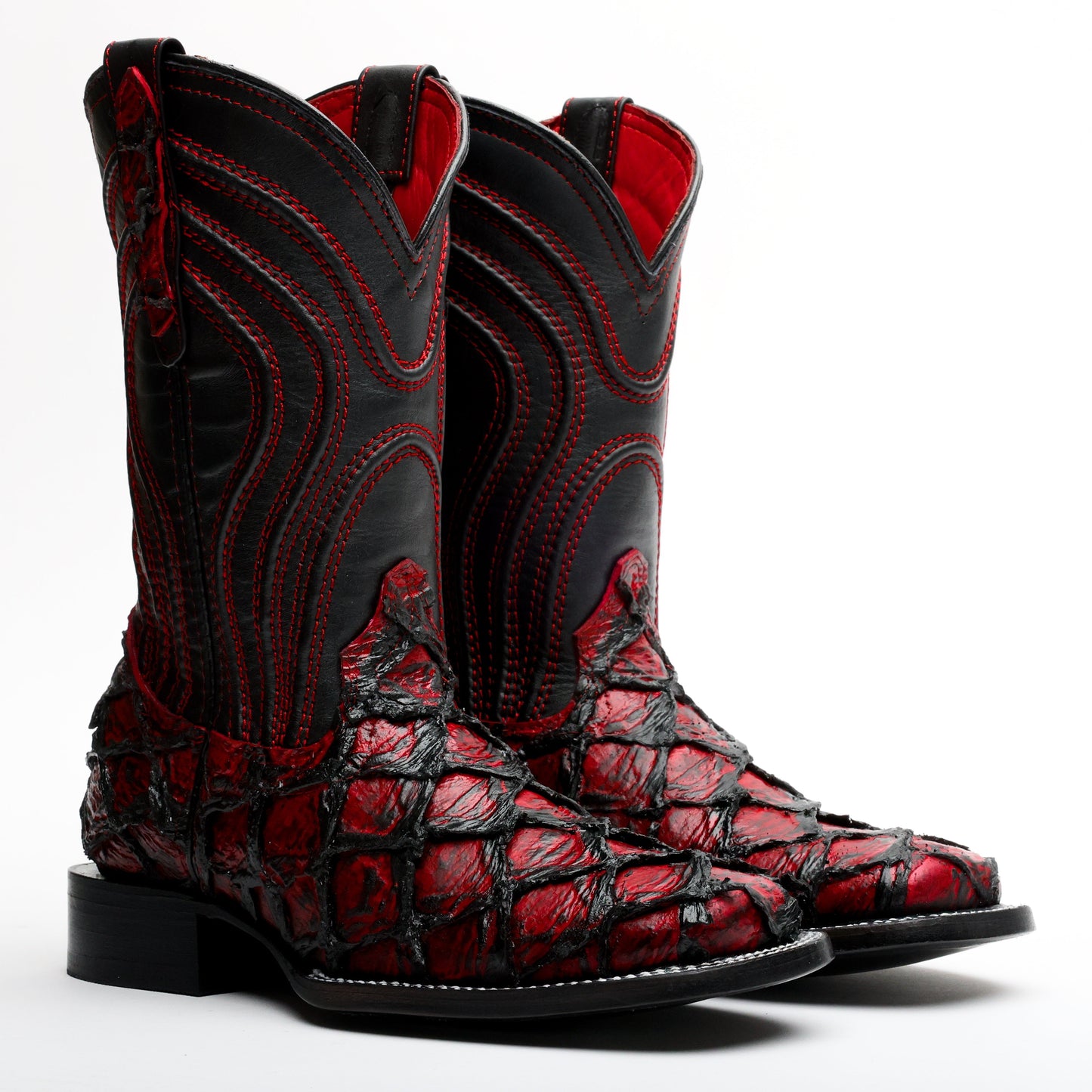 Jumbo Pirarucu Leather Boots In Black Cherry – Square Toe Design