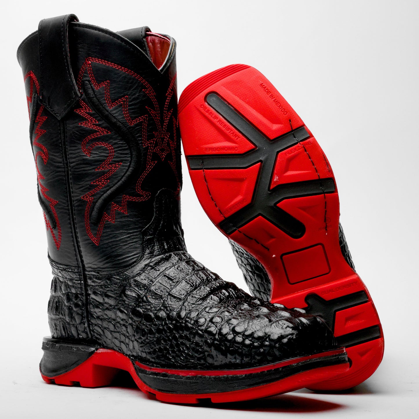Black Caiman Neck Leather Boots With 3D Lightweight Sole - Composite Toe
