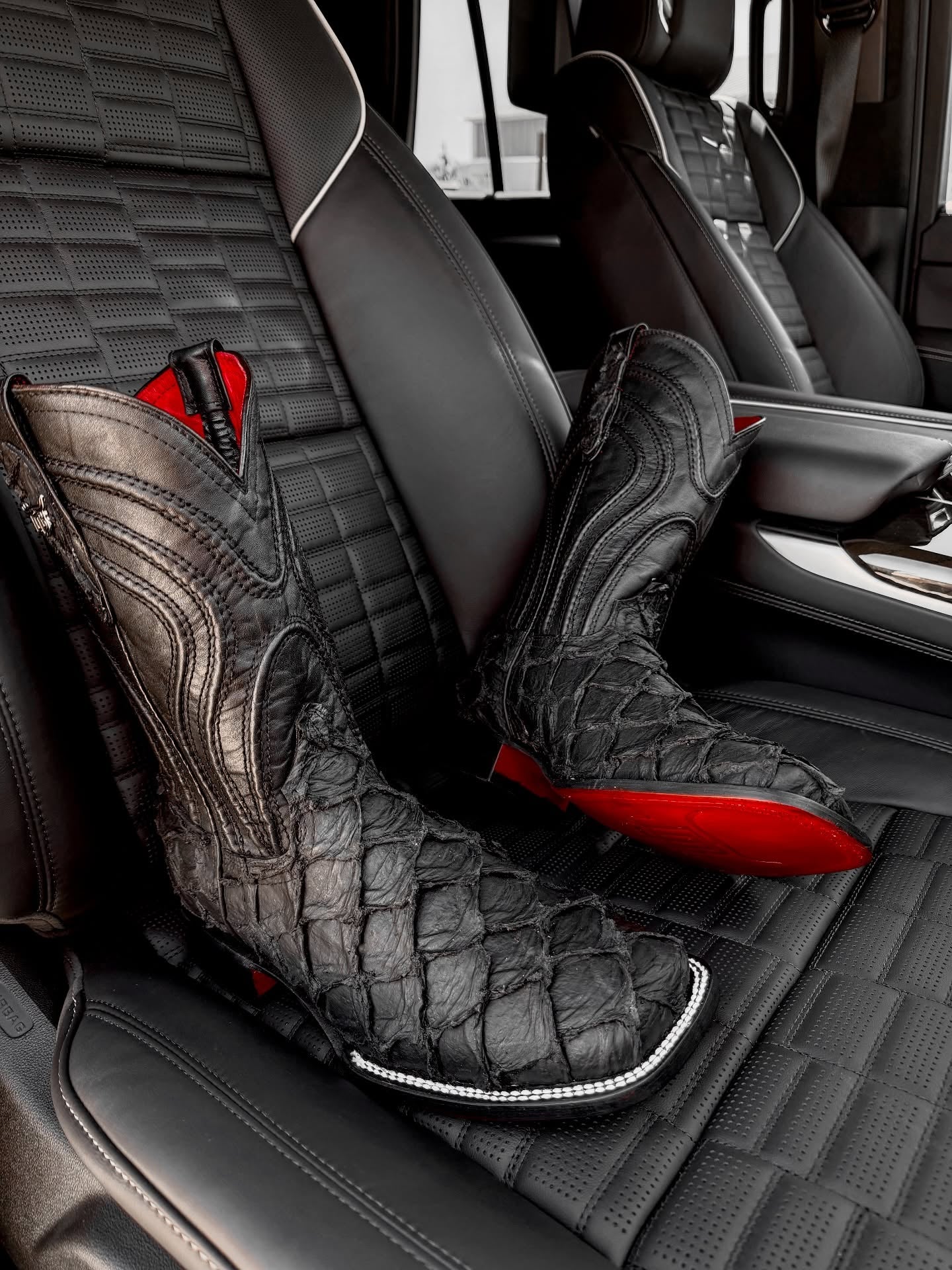 Matte Black Jumbo Pirarucu Leather Boots - Square Toe