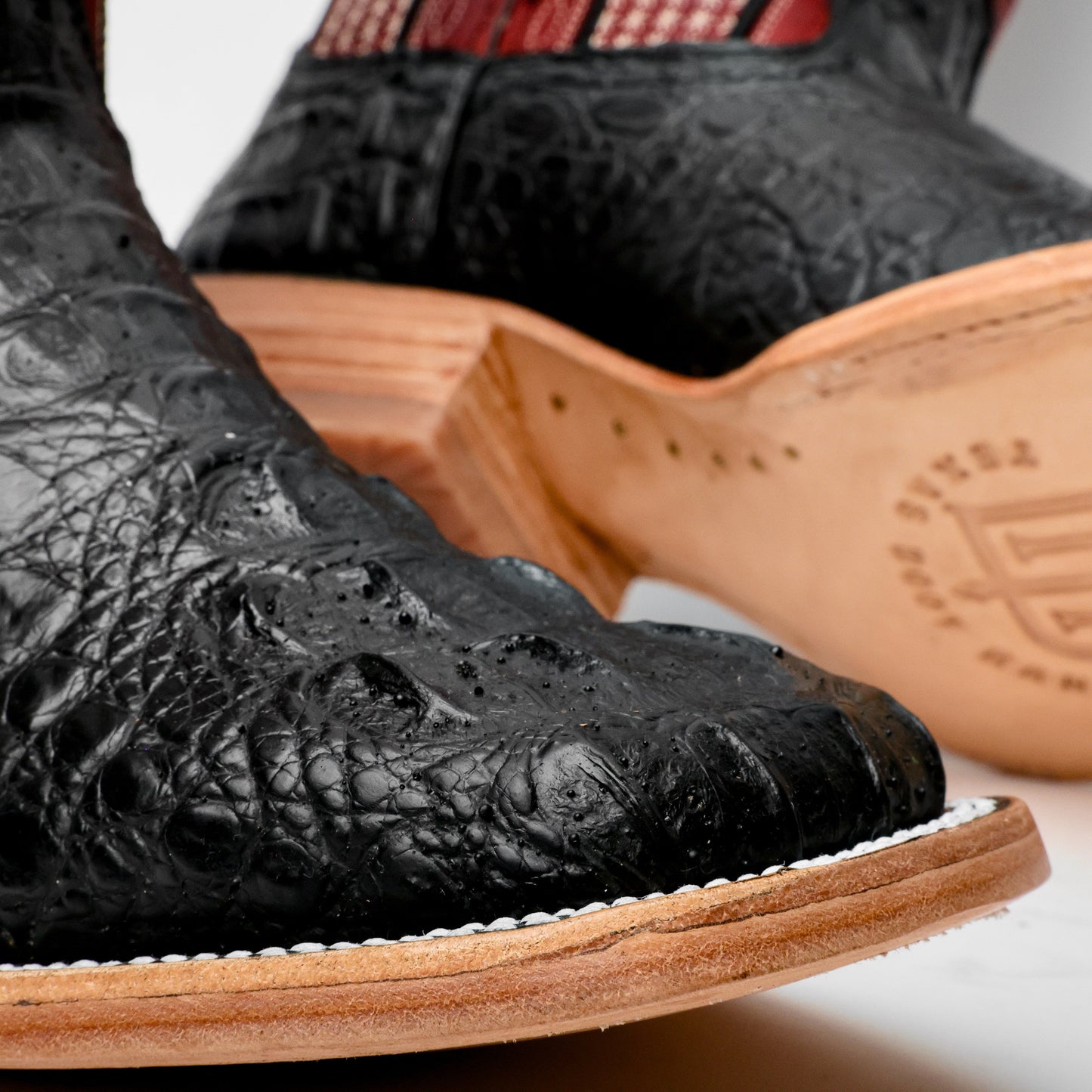 Black Caiman Neck Leather Boots - Square Toe