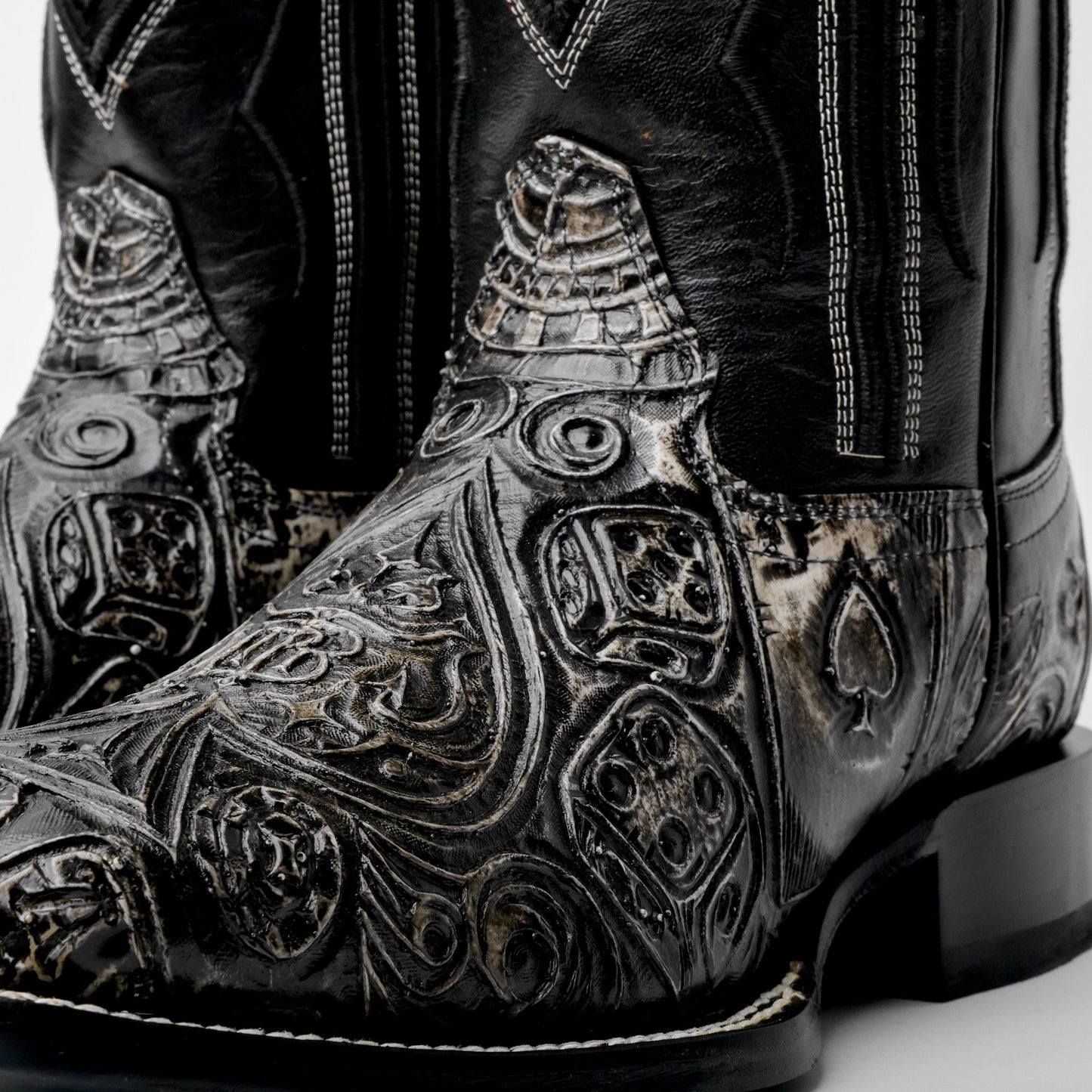 “Ace Of Spades” GreyBlack Leather Boots - Square Toe