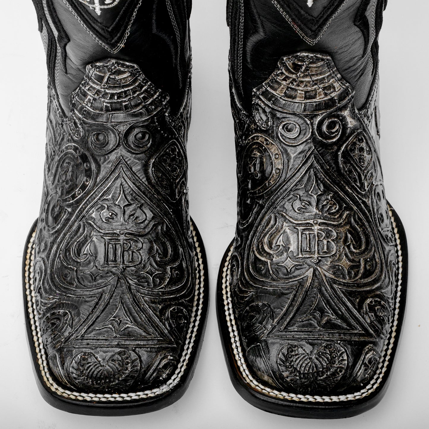 “Ace Of Spades” GreyBlack Leather Boots - Square Toe