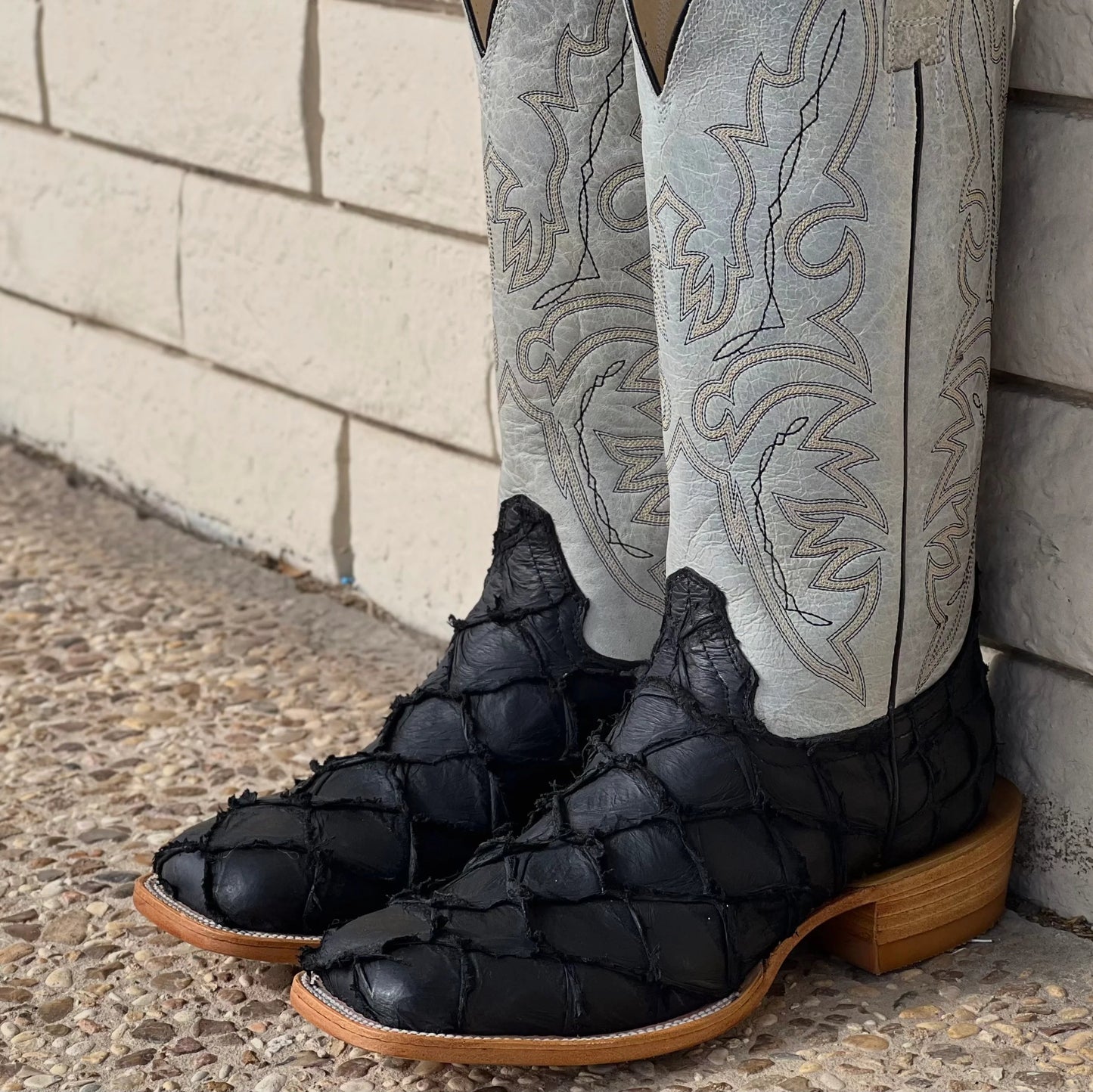 Men’s Black Matte Pirarucu Exotic Boots With White Shaft