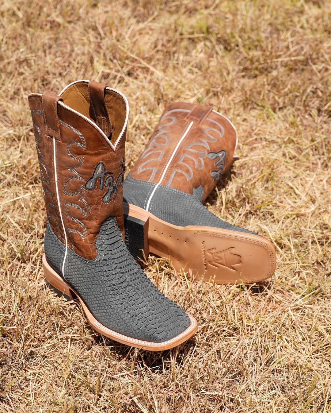 Men’s Rustic Gray Python Leather Boots With Brown Shaft