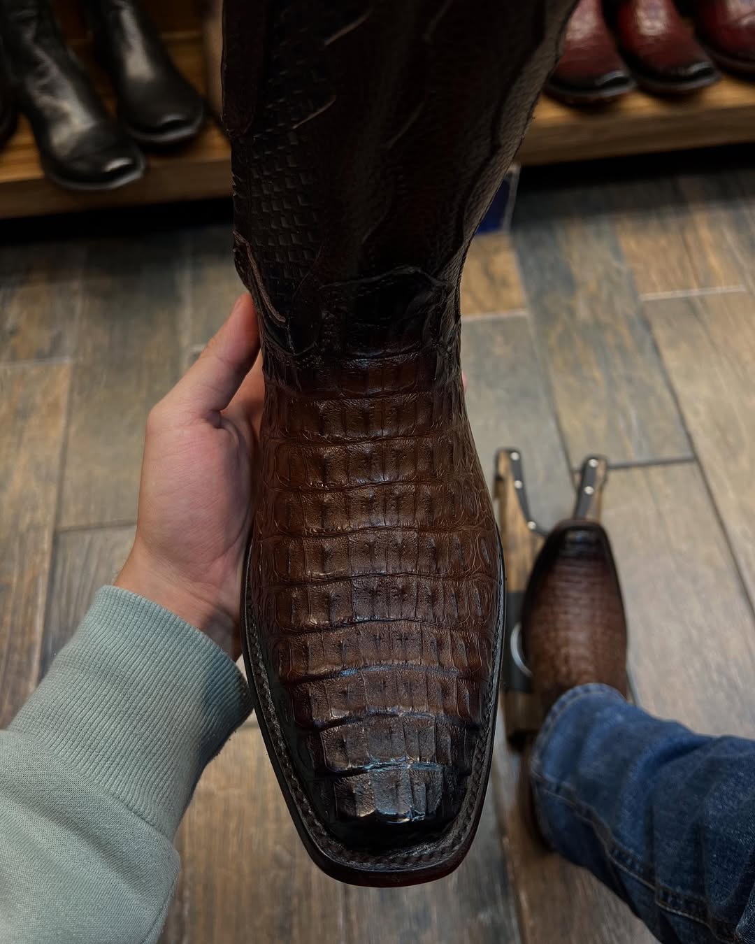Roma Crocodile Cowboy Boots – Dark Chocolate, Square Toe