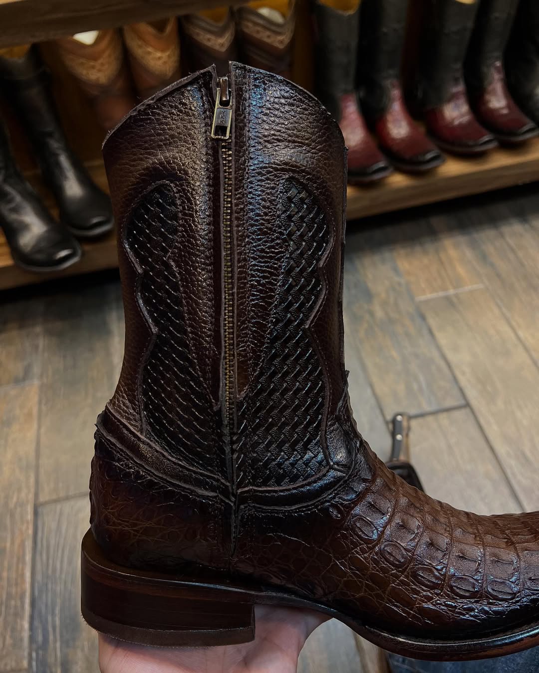 Roma Crocodile Cowboy Boots – Dark Chocolate, Square Toe