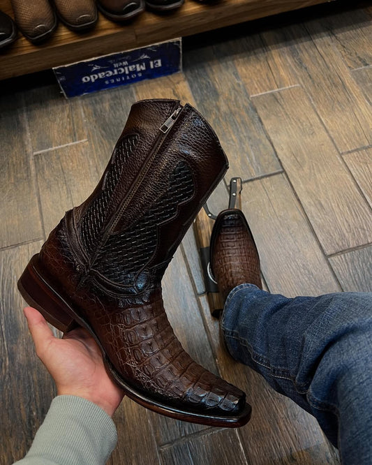 Roma Crocodile Cowboy Boots – Dark Chocolate, Square Toe