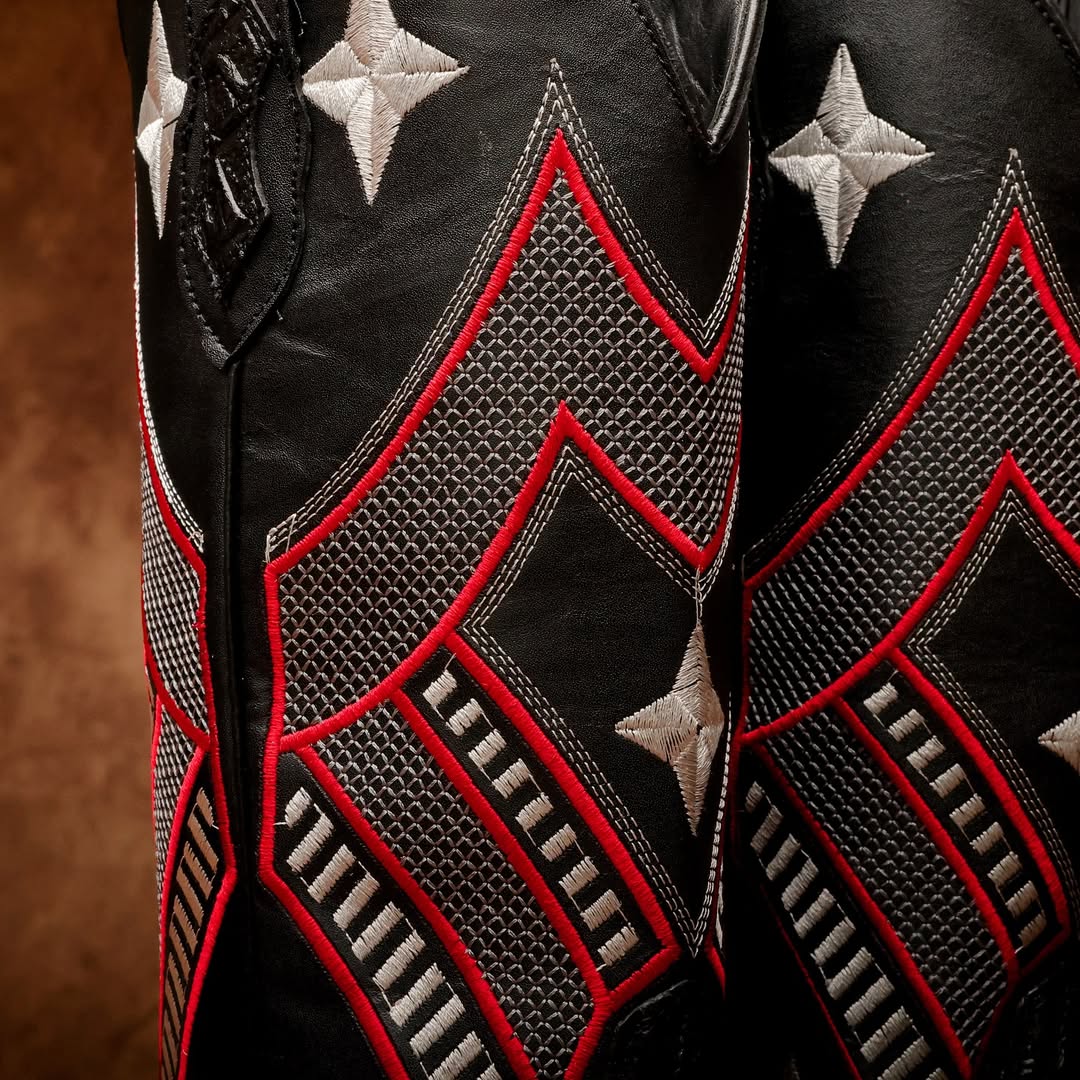 Black Caiman Neck Leather Boots - Square Toe