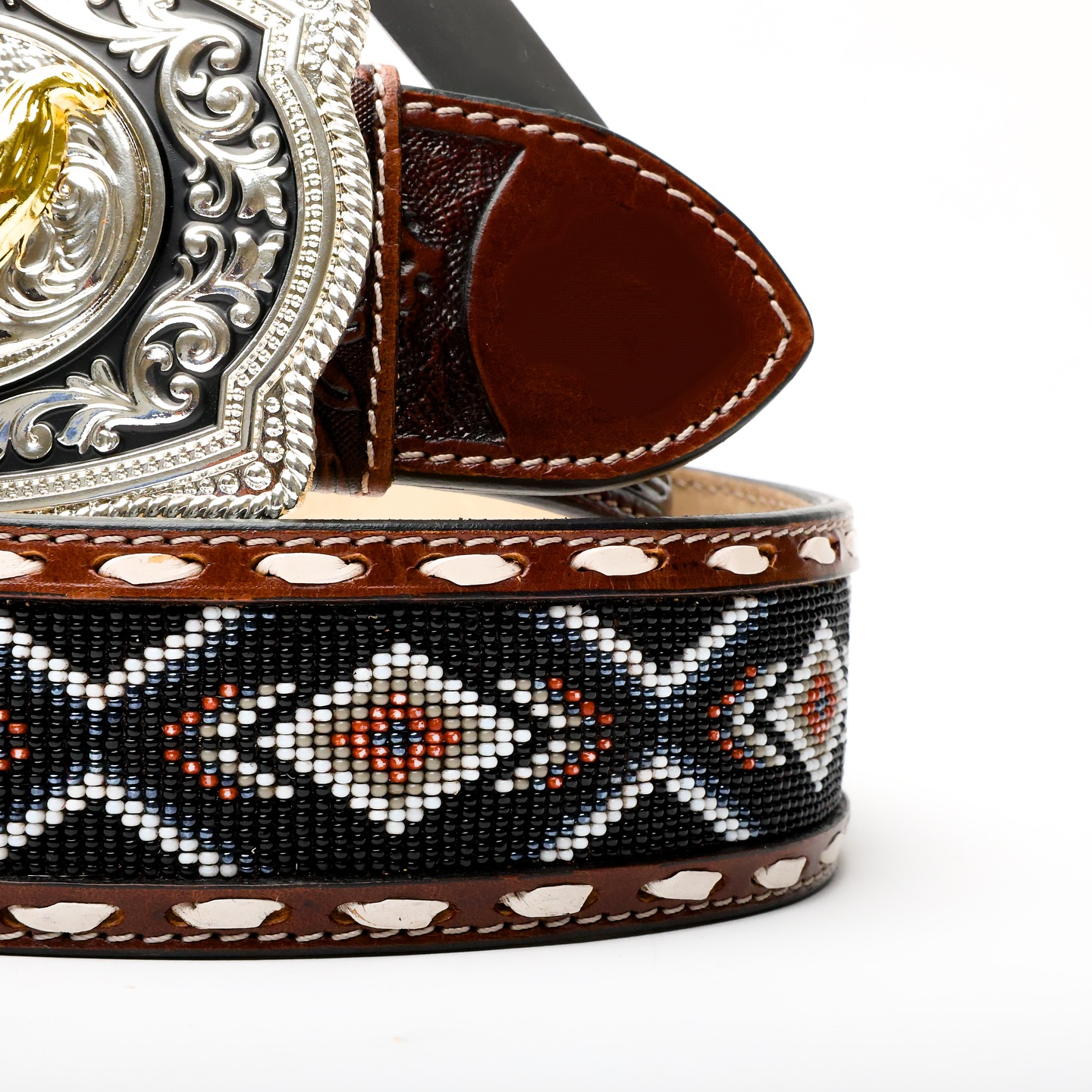2 Inch Hand-Tooled Artesanal Beaded Leather Belt