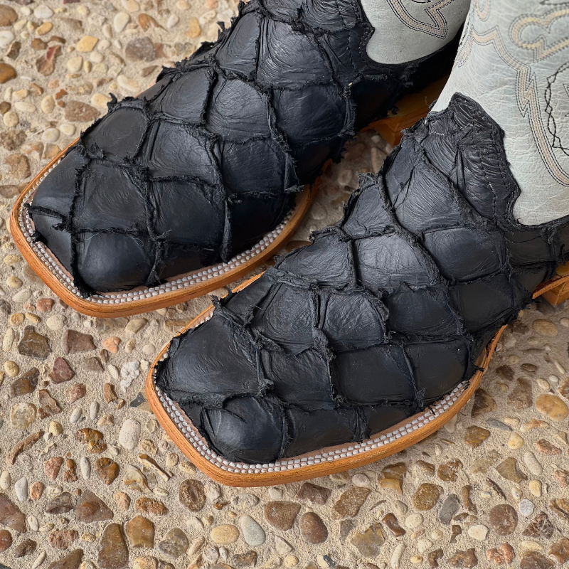 Men’s Black Matte Pirarucu Exotic Boots With White Shaft